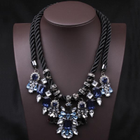 Blue Crystal Pendant Chunky Statement Necklace Hemp Rope
