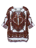 Bohemia Totem Printed V Neck Rayon Zipper Blouse For Women