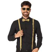 Carnaval verkleed set   bretels/party bril/vlinderstrikje   glitter goud   volwassenen