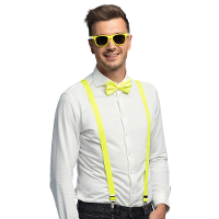 Carnaval verkleed set   bretels/party bril/vlinderstrikje   neon geel   volwassenen/heren/dames