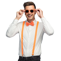 Carnaval verkleed set   bretels/party bril/vlinderstrikje   neon oranje   volwassenen/heren/dames