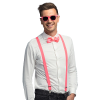 Carnaval verkleed set   bretels/party bril/vlinderstrikje   neon roze   volwassenen/heren/dames