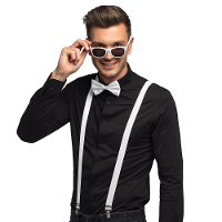 Carnaval verkleed set   bretels/party bril/vlinderstrikje   wit   volwassenen/heren/dames