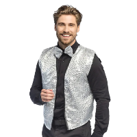 Carnaval verkleed set   zilver   pailletten   heren   vestje   80s