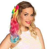 Regenboog hair extension   met strik   op clip   33 cm   nephaar gekleurd