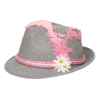 Boland tiroler hoedje   met veer en bloem   Grijs/roze   voor dames   Oktoberfest