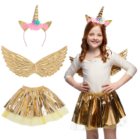 Verkleed set eenhoorn fee   vleugels/diadeem/rokje   goud   kinderen