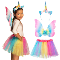 Verkleed set eenhoorn fee   vleugels/diadeem/rokje   regenboog kleuren   kinderen