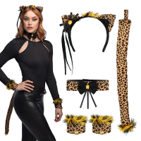 Verkleed set luipaard/panter   oortjes diadeem/staart/banden   bruin   dames   Carnavalskleding