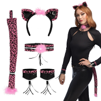 Verkleed set luipaard/panter   oortjes diadeem/staart/banden   roze   dames   Carnavalskleding