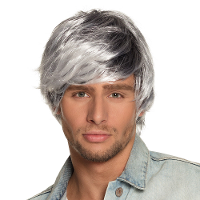 Verkleedpruik Bad Boy heren   grijs/wit   Boyband/seventies/eighties   kort golvend haar