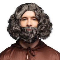 Verkleedpruik met baard heren   grijs/zwart   Middeleeuwen/Monnik   Carnaval   half lang haar