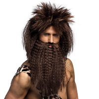 Verkleedpruik met baard voor heren   bruin   Holbewoner   Carnaval   lang wild haar