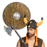 Viking verkleedkleding set   3 delig   heren   helm met hoorns   Schild   Hakbijl van 68 cm