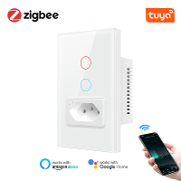 Braziliaanse Standaard Tuya Zigbee3.0 Slimme Muurschakelaar met Stopcontact 4x2 Glazen Paneel Verlichtingsschakelaar Sma