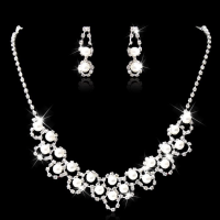 Bridal Crystal Pearl Necklace Earrings Jewelry Set Silver Plated