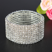 Bridal Silver Multi Rows Crystal Wide Stretch Bracelet Women Jewelry