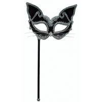Carnaval verkleed gemaskerd bal Katten oogmasker   op stokje   zwart