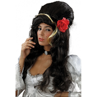 Verkleed pruik Amy Winehouse   zwart   met bloem   damespruik celeberties