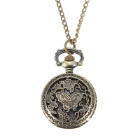 Bronze Butterfly Engrave Quartz Pocket Watch Pendant Chain Necklace