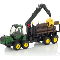 Bruder John Deere 1210E Forwarder met vier boomstammen en grijper modelvoertuig
