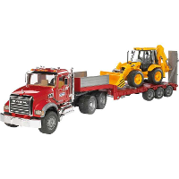 Bruder MACK Granite truck met dieplader en JCB 4CX modelvoertuig