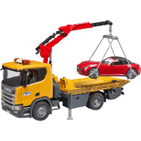 Bruder Scania Super 560R sleepwagen met kraan en licht en geluid + roadster sportauto modelvoertuig
