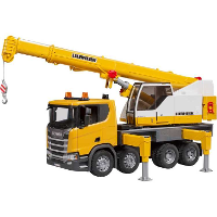 Bruder Scania Super 560R vrachtwagen met Liebherr hijskraan en licht en geluid modelvoertuig