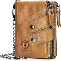 BULLCAPTAIN Echt Leer Heren Portemonnee RFID Blokkering Korte Portemonnee met Ketting Multifunctionele Kaartenhouder Dub