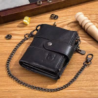 BULLCAPTAIN Echtleren Herenshortwallet met Ketting, Zakelijke Retro Dubbele Rits Muntportemonnee, Multi Kaartslot, Credi