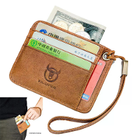 BULLCAPTAIN Heren Echte Leren Creditcardhouder Mini RFID Bescherming Kaartentas Dunne Muntzak met Touw
