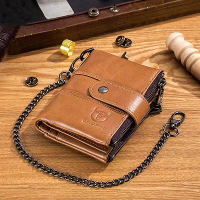BULLCAPTAIN Koeienleer Mannen Portemonnee Kort met Ketting Multi Kaartsleuven Dubbele Rits Zaken Retro Munt Portemonnee