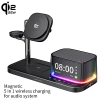 C09Plus 5 in 1 Qi2.2 Magnetische Draadloze Lader 25W Snelle Draadloze Oplaadstandaard met Tijdweergave bluetooth Speaker