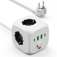 C13 Vermogensstrip Muurstekker Verlengingskabel van 2 meter, 3 AC uitgangen, 2 USB poorten en 2 Type C poorten, 7 in 1 E