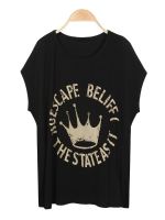 Casual Loose Pattern Printed Batwing Sleeve Cotton T Shirt