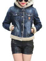 Casual Women Patchwork Long Sleeve Lamb Wool Hooded Denim Coat