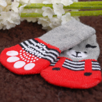 Cat Dog Socks Bear Pattern Red Grey Indoor Soft Cotton Anti Slip Pet Socks