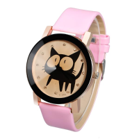 Cat Pu Leather Alloy Round Women Quartz Wrist Watch