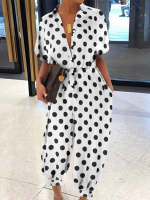 Casual polka dot print revers korte mouw knoop gordel zak jumpsuits voor dames
