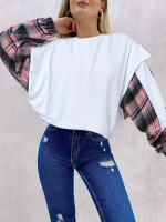 Dames geruite patchwork O hals Dolman casual blouse met lange mouwen