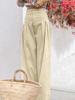 Dames hoge taille effen kleur losse geplooide casual wijde pijpen broek