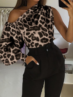 Luipaardprint Off Shoulder Lantern Sleeve Casual Blouse