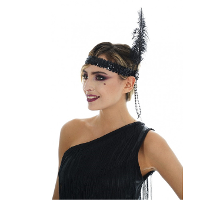 Charleston hoofdband   met pauwen veer en kraaltjes   zwart   dames   jaren 20 thema