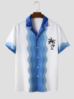 Coconut Tree Wave gestreepte print herenoverhemden met korte mouwen en reverskraag