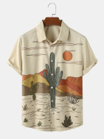 Heren Cactus Woestijn Landschap Print Tropische Plant Korte Mouw Overhemden