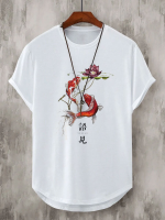 Heren Chinese Koi Lotus Print Crew Neck Short Sleeve T Shirts
