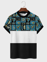 ChArmkpR Heren Ethnic Animal Patroon Color Block Patchwork Korte Mouw T Shirts