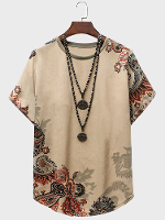 ChArmkpR Heren Etnische Bloemen Gebogen Zoom Korte Mouw T Shirts
