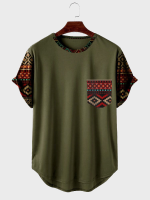 ChArmkpR Heren Etnische Geometrische Print Patchwork Borstzak Gekromde Zoom T Shirts