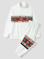 ChArmkpR Heren Etnische Geometrische Print Patchwork Halve Zip Trui Twee Delige Outfits